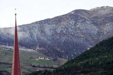 Aus der Ferne hatte es am 13. März am frühen Abend ein bisschen den Anschein, als würde sich eine Schafherde am Sonnenberg hoch über Schlanders aufhalten. In Wahrheit waren es weiß angezuckerte Lärchen; Foto: Sepp