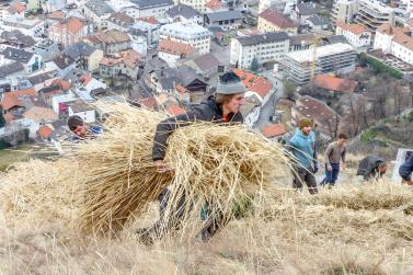 Beim Aufstellen der „Larmstange“ am Scheibenschlag-Sonntag auf dem Scheibenschlag-Bühel in Schlanders. Fotos: Sepp